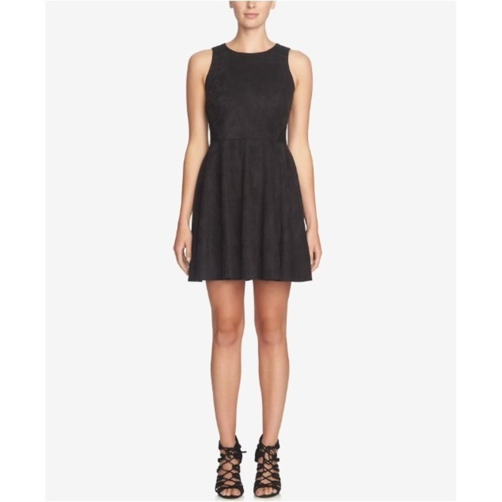 CeCe Suede Dress Women 12 Rich Black New Crochet Lace Sleeveless Fit Flare Mini